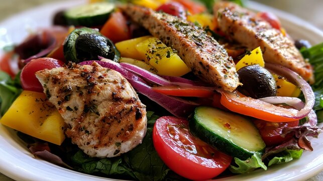 Close-up of colorful grilled meat and vegetable salad with fresh ingredients