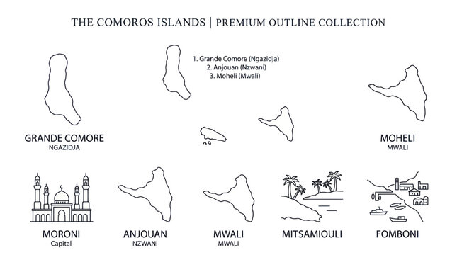 Comoros Islands Premium Outline Collection Map.