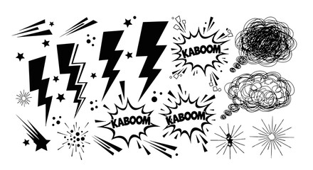 Set of black comic style explosion effects, lightning bolts, and abstract thought bubbles on an isolated white background. © Grangger