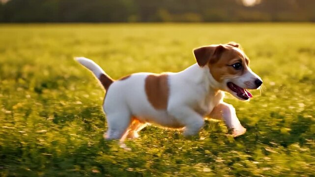 Cute Jack Russell Terrier Puppy Running on Green Grass Field at Sunset