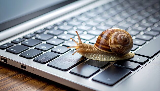 Snail on Laptop Keyboard - A Metaphor for Slow Technology.