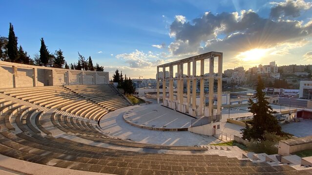 King Abdullah I Gardens amphitheater at sunset in Wadi Saqra, Amman, Jordan