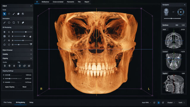 Detailed 3D CBCT reconstruction of human skull and jaws on dental diagnostic software interface, orthodontic planning,