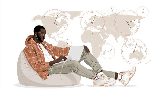 Young man working on laptop with headphones beside world map showing multiple time zones