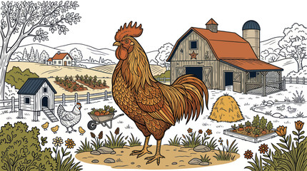 Brown Rooster Standing on Farm Yard. © alam