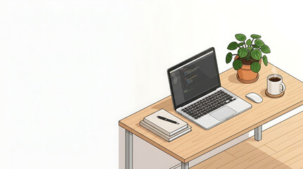 Fototapeta premium An illustration of a laptop computer on a wooden desk with office supplies and a plant in a modern workspace setting with a