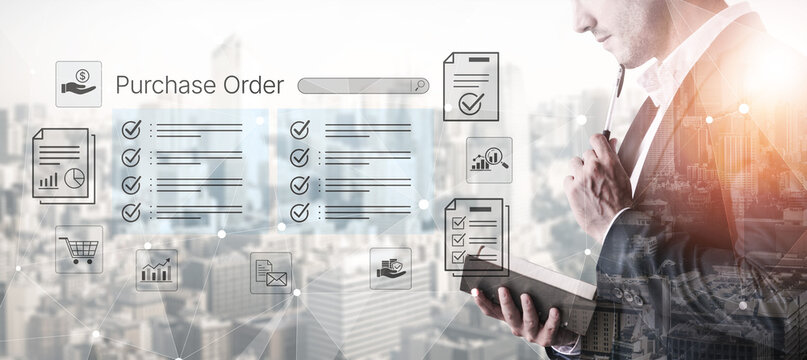 Business Professional Analyzing Purchase Order with Digital Interface and Cityscape Background in a Modern Office Setting. Bitwise.