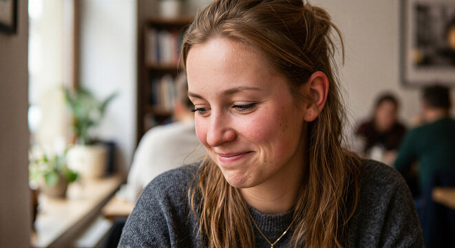 Bashful Young Woman Looking Down with a Gentle Smile
