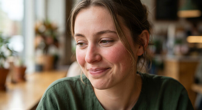 Shy Young Woman Smiling with Gentle Embarrassment