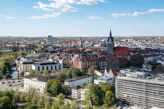 Hanover, Germany - April 21, 2026: Panoramic view of the urban skyline and residential districts of Hanover seen from the dome of the New Town Hall in Hanover, Germany