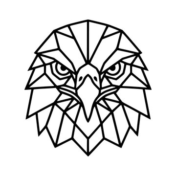 Frontal view of a geometric eagle head, minimalist vector illustration with sharp lines and abstract polygon shapes. Isolated on white background, symbol of freedom and power, suitable for logo design