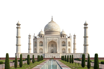 Fototapeta premium Taj Mahal white marble mausoleum architecture with symmetrical gardens and reflecting pool for travel and historical cultural tourism marketing projects