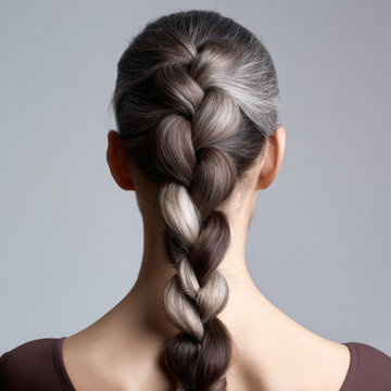 Woman's back view showing a beautiful long french braid hairstyle with natural graying hair, embracing aging and self-acceptance, hair care beauty concept