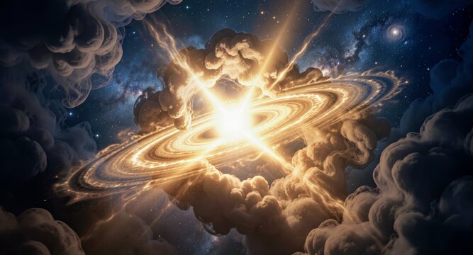 Explosive galactic vortex with radiant rings and dramatic cosmic energy for entertainment.
