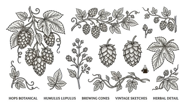 Hand-Drawn Hops Botanical Illustration - Humulus Lupulus Plant Elements
