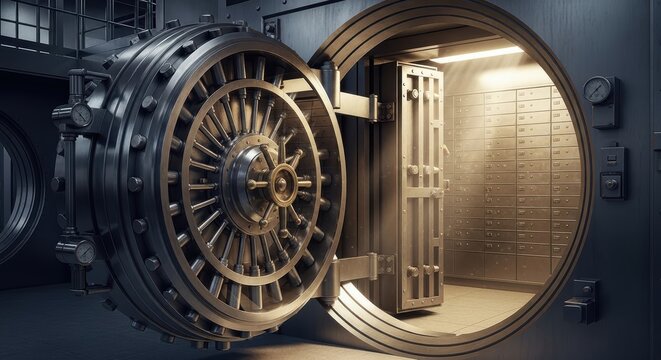 Open Bank Vault Door Revealing Secure Interior.