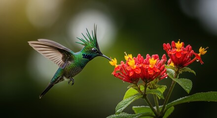 Obraz premium Hummingbird delicately probes vibrant flowers for nectar in lush nature setting