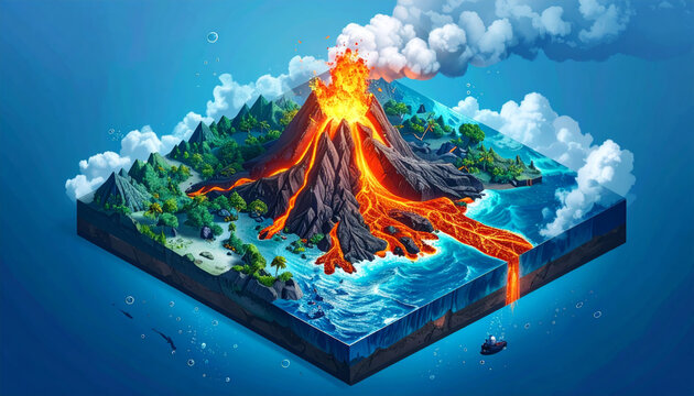 Exploding Volcano Erupting Lava Flowing into Ocean, Isometric Island Landscape