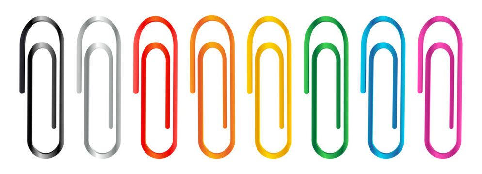 Colorful binder clips vector set with realistic metal clamps in rainbow palette. Office and school stationery accessories for paperwork, planning and business organization.