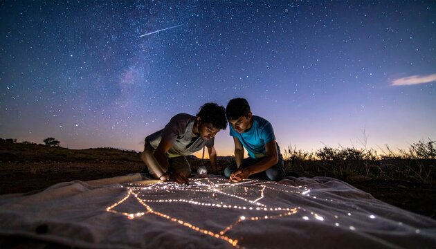 Two People Exploring Constellations Under a Starry Night Sky.