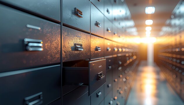 Vaulted Security - Rows of Safe Deposit Boxes in a Bank Vault.