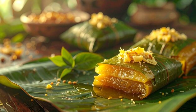 Delicious Filipino Suman Wrapped in Banana Leaves with Toppings.