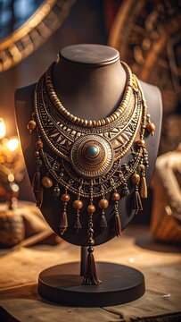 Exquisite tribal-inspired golden necklace showcasing intricate details and ancient aesthetics