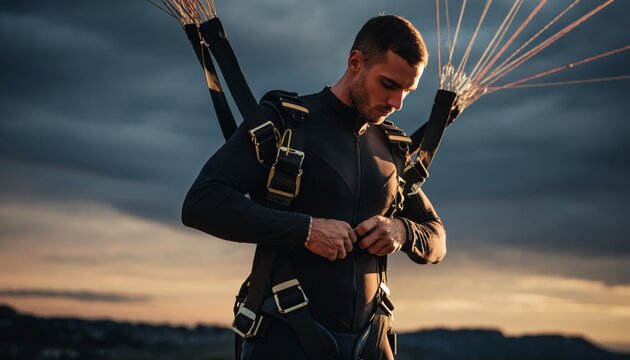 Skydiver preparing for jump with parachute in twilight.