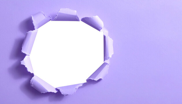 Purple paper torn revealing a dark empty hole in the middle perfect for layering design elements on transparent background