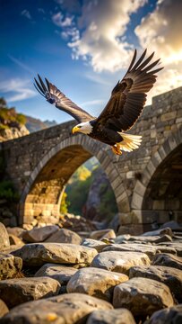 Bald eagle soars gracefully over an ancient stone bridge in natural light