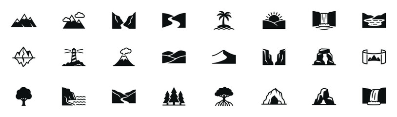 Fototapeta premium Set of black nature landscape icons including mountains, island, sunrise, waterfall, lake, lighthouse, volcano, hills, sand dune, rock formations, tree, forest on transparent background
