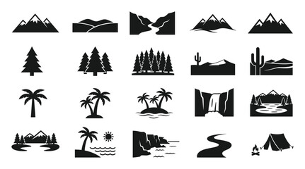 Set of black nature and landscape icons including mountains, forests, palm trees, desert, river, waterfall, coastline, path and camping tent on transparent background © Yehor