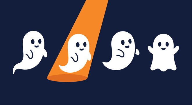 Cute cartoon ghosts with one highlighted by an orange spotlight on dark background