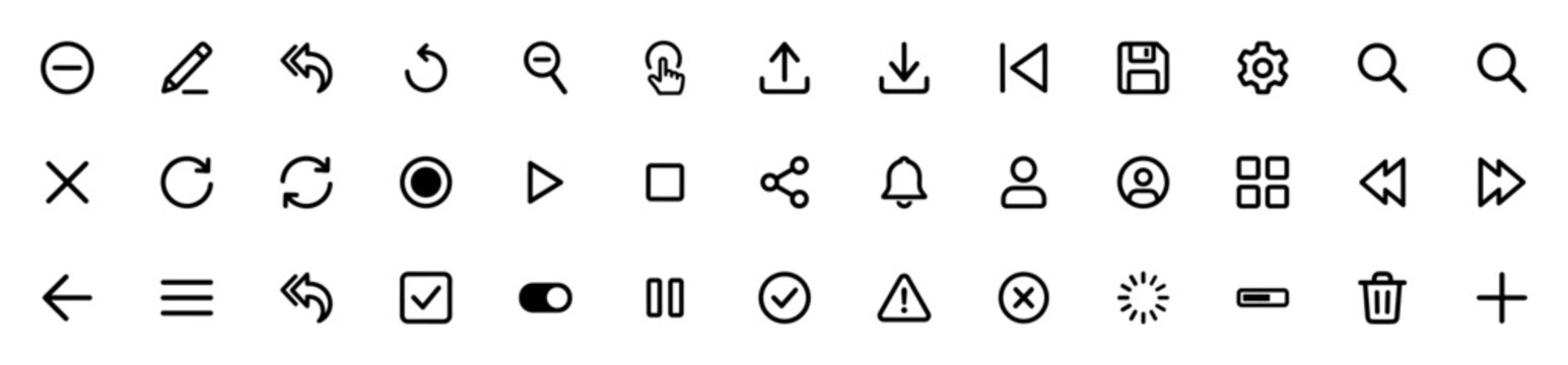 Set of various user interface icons including play, pause, upload, download, settings, search and more in simple outline design on transparent background
