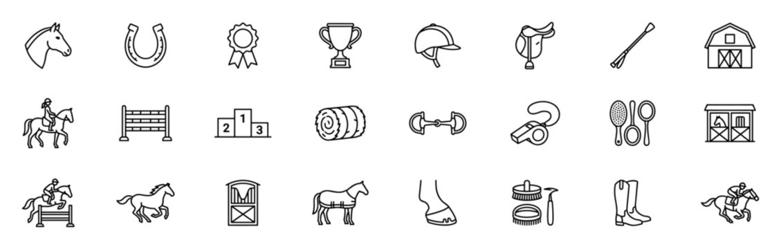 Set of black line icons about horse riding and equestrian sport with stable elements and accessories on transparent background