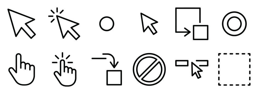 Set of computer mouse cursor icons showing pointer, click, hand, drag, and selection actions in black outline style on transparent background