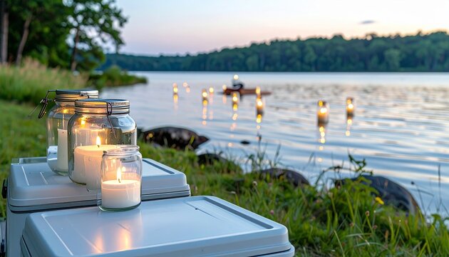 Candlelit Lakeside Serenity - A Tranquil Evening Scene.