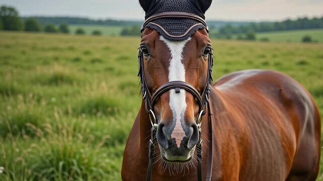 Close-up Portrait of a Beautiful Brown Horse with Bridle Standing in Green Meadow