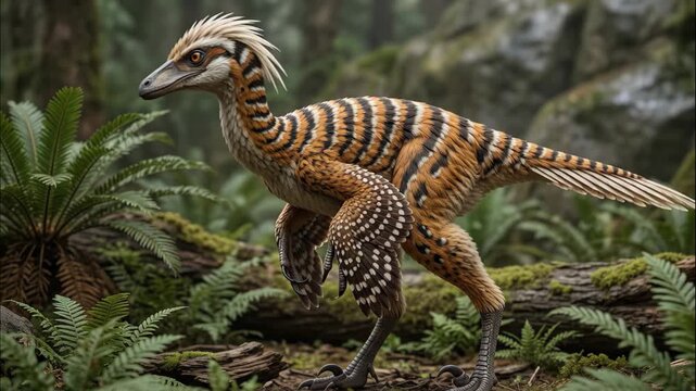 Alamitornis, Alamitornis minutus, Cretaceous, accurate scientific representation of small feathered avian dinosaur standing in fern forest