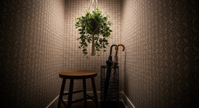 Cozy entryway featuring a hanging plant, wooden stool and umbrella stand