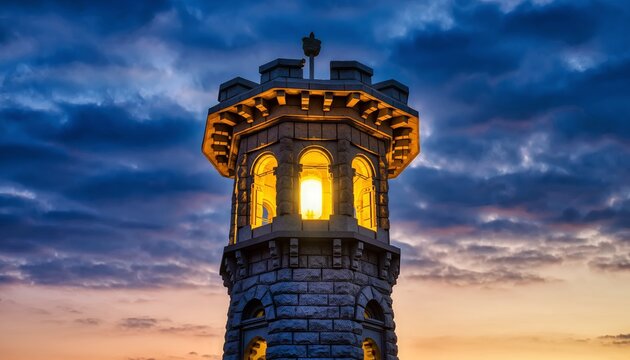 Illuminated Castle Tower Against a Dramatic Sky at Dusk.