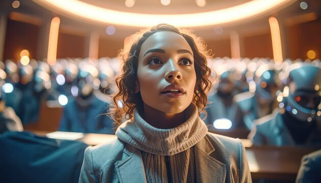 A Woman in a Futuristic Auditorium with Robotic Audience Members.