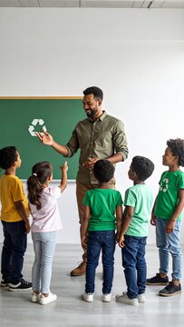 Teacher educating children about recycling and environmental conservation with green energy