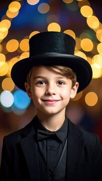 Young Boy in Top Hat and Suit with Festive Bokeh Lights.