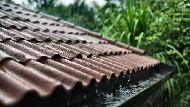 Heavy rain falling on red tiled roof and gutter in tropical garden, stormy weather atmosphere, close-up view of water droplets and drainage