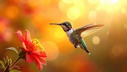 Obraz premium Hummingbird Feeding on a Vibrant Flower in Golden Sunlight.