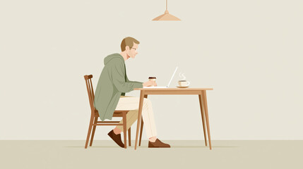 Fototapeta premium Man working on laptop at a quiet cafe with coffee and casual home-office vibe