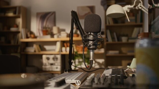 Professional microphone standing on desk in home studio with audio equipment and computer. Clip is suitable for promoting podcasting, remote work, music production and content creation