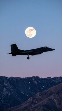 Silhouette of a modern fighter jet flying towards the moon during twilight.