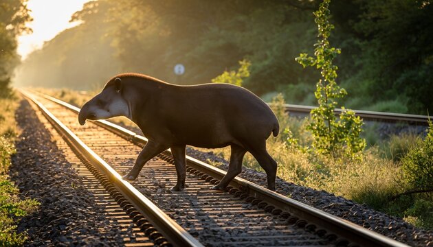 Tapir Crossing Railroad Tracks at Sunset - Wildlife in Nature.